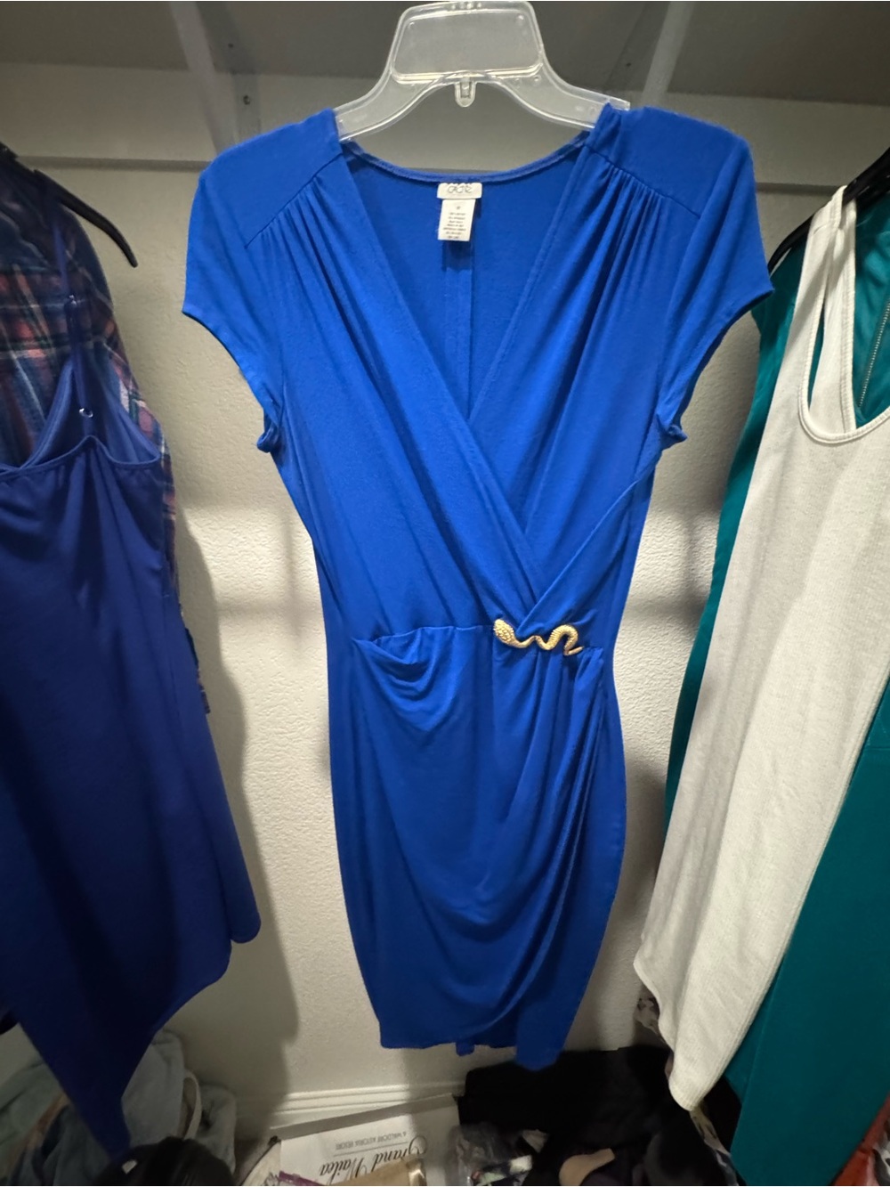 Cache Royal Blue Faux-Wrap Midi Dress with Gold Accent
